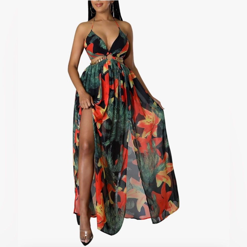 Tropical Floral Black Maxi Dress with Side Slit